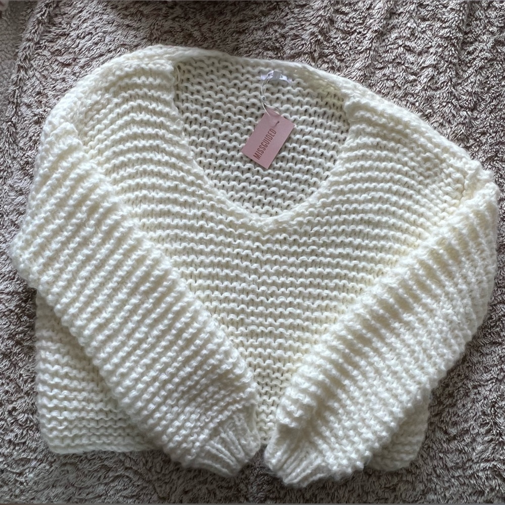 White Hand Knit V Neck Oversized Sweater